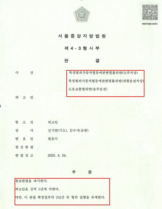 음주운전 1심 실형 항소 후 집행유예